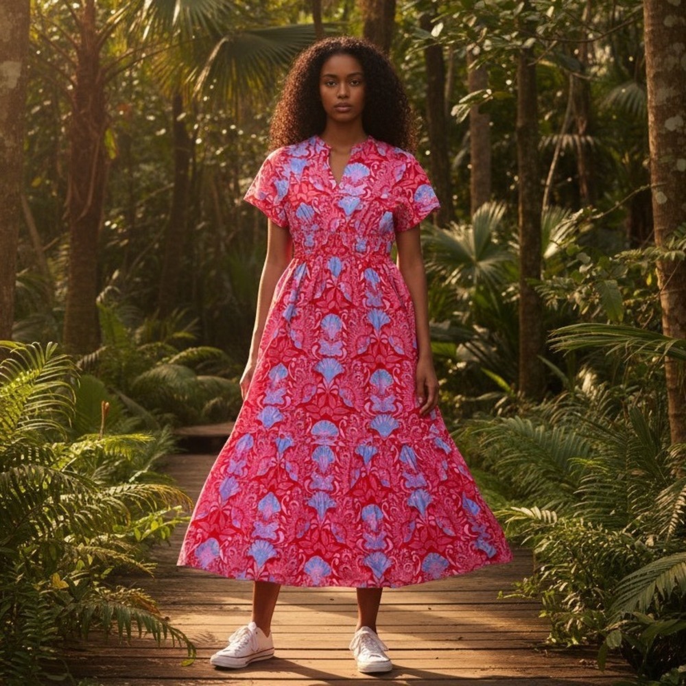 NWT Sugarlips Red Pink Tropical Floral Cotton Maxi Dress Size M Bright Vacation